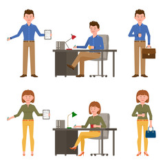 Smiling, nice office worker man and woman vector illustration. Front view standing, writing notes, sitting at desk young boy and girl cartoon character set on white
