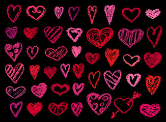 Fototapeta na wymiar Valentines day hearts icons collection. Crayons style isolated hearts, hand drawn elements. Children drawling style color hearts set. Pink, red valentine's day love symbol, romantic decoration objects
