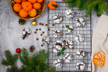 Chocolate Crinkle Cookies in powdered sugar on a gray background. Festive dessert for Christmas and New Year. Horizontal orientation. Top view. Copy space.