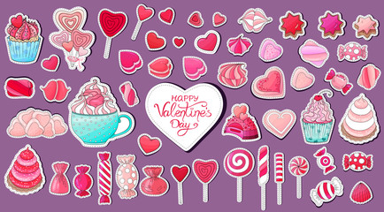 Valentine's day sweets stickers set. Candy, cookies, cupcakes, pink heart shape sweets desserts, marshmallow, hot chocolate. Hand drawn  valentines day delicious collection. Love pastry sweets sticker
