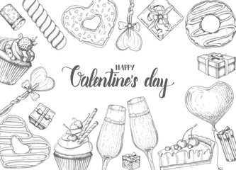 Valentines Day background with doodle hand drawn objects in sketch style-lollipop, glazed donut, glass of champagne, gift boxes, pie and cupcake. Happy Valentines Day - Lettering calligraphy phrase