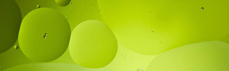panoramic shot of abstract background from mixed water and oil bubbles in green color