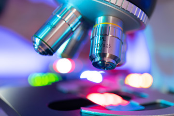  laboratory microscope in bokeh light