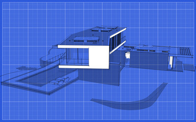 3d rendering of modern cozy house on the hill with garage and pool for sale or rent.  Black line sketch with soft light shadows and white spot on blueprint background.