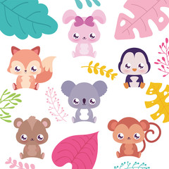 Cute kawaii animals cartoons with leaves vector design