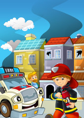 cartoon stage with fireman fire fighting near some building smoking - illustration for children