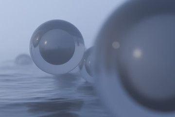 Transparent balls floating on the lake and reflecting in the water, 3d rendering.