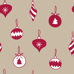 Christmas tree decorations, ornaments, baubles seamless pattern for wrapping paper, wallpaper.