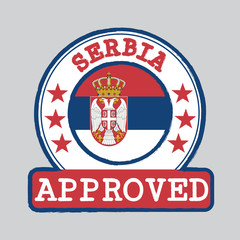 Vector Stamp of Approved logo with Serbian flag in the round shape on the center. Grunge Rubber Texture Stamp Approved from Serbia.