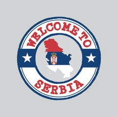 Vector stamp of welcome to Serbia with map outline of the country in center. Grunge Rubber Texture Stamp welcome to Serbia.