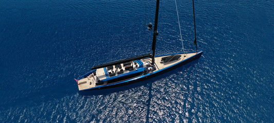Aerial drone ultra wide photo of luxury sail boat cruising the Aegean deep blue open sea