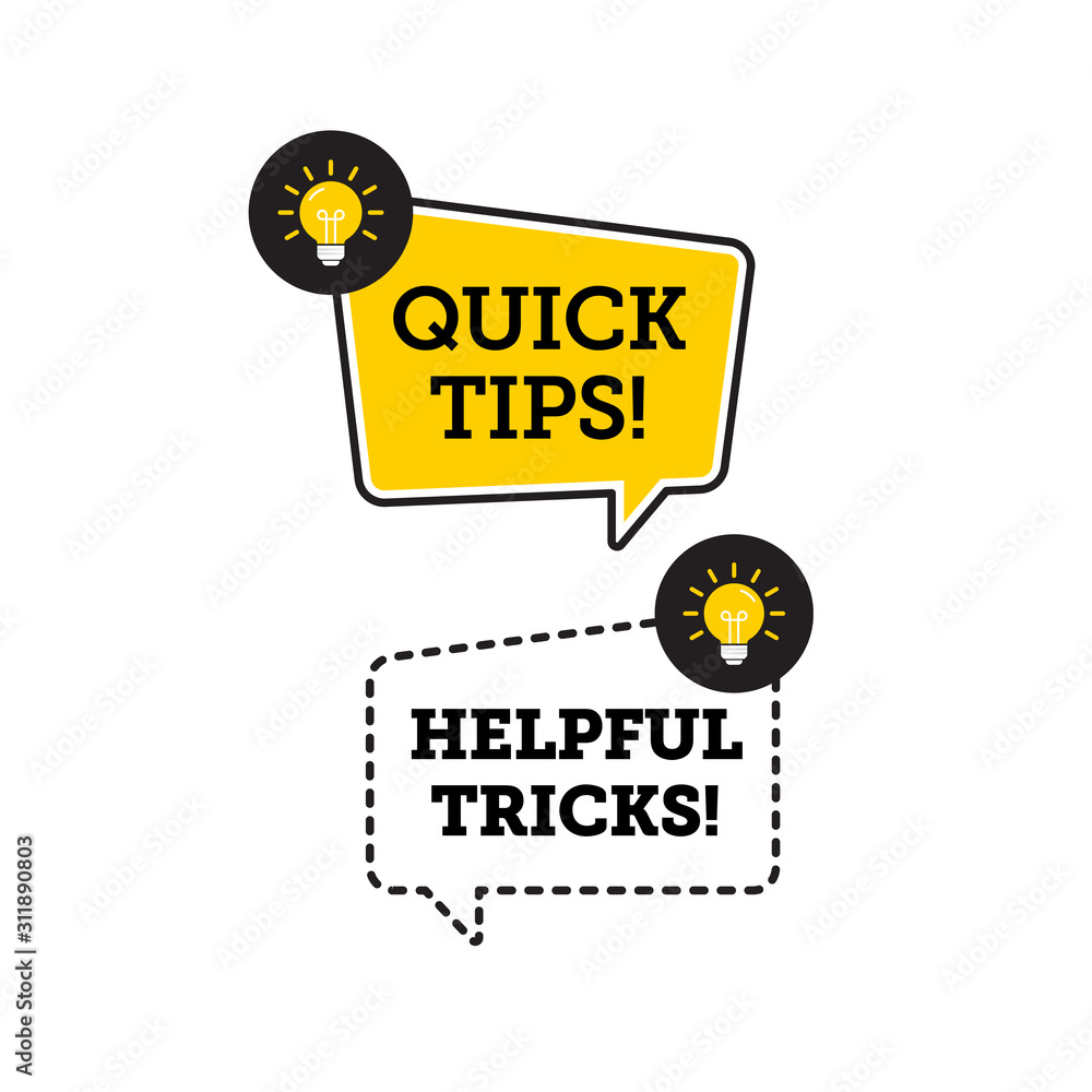 Poster quick tips, helpful tricks vector logo icon or symbol set with black and yellow color and lightbulb 