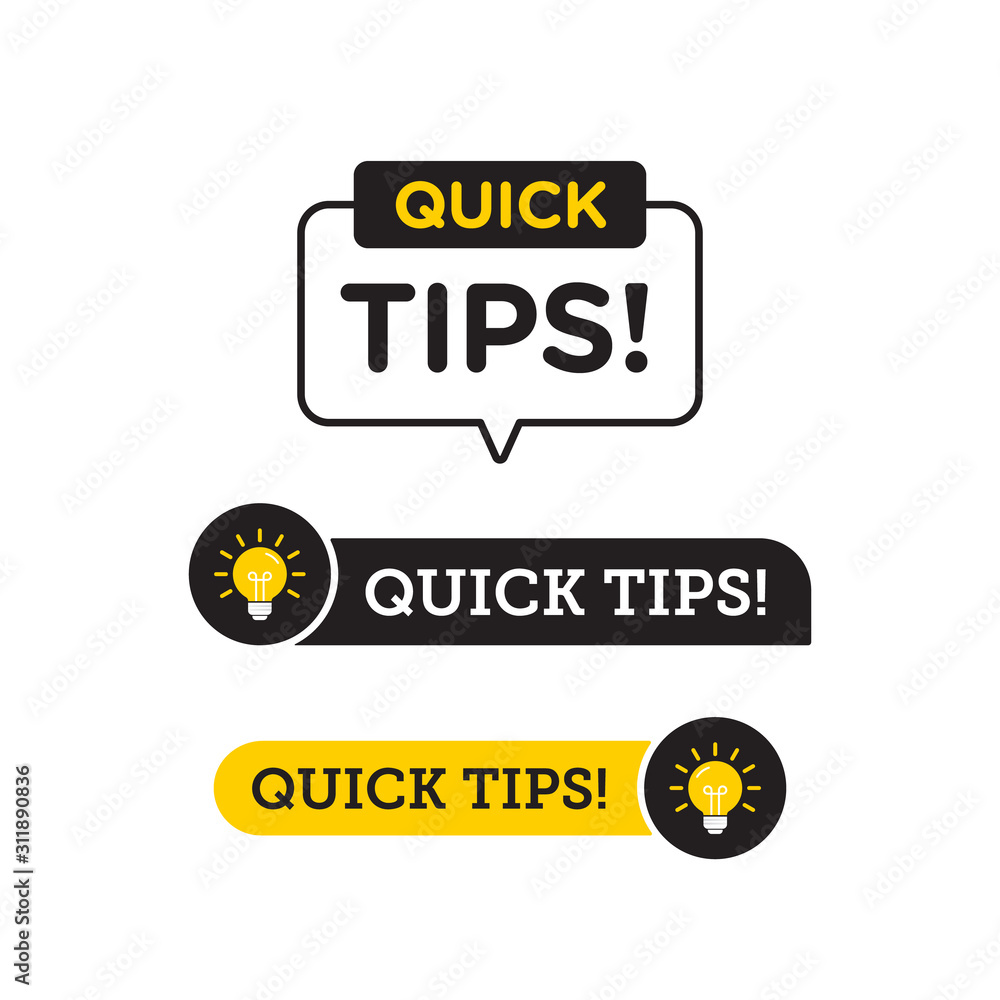 Poster quick tips, helpful tricks vector logo icon or symbol set with black and yellow color and lightbulb 