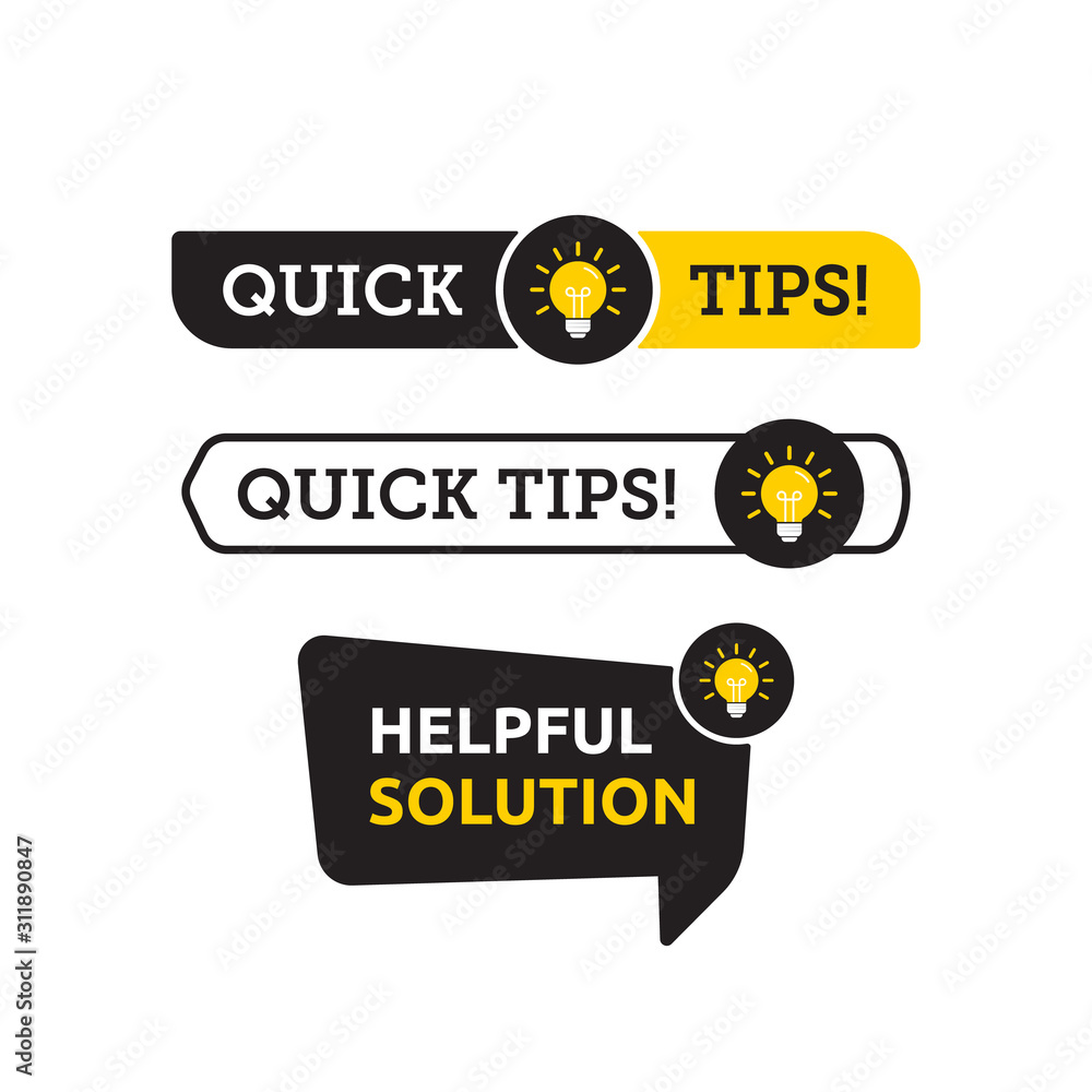 Poster quick tips, helpful tricks vector logo icon or symbol set with black and yellow color and lightbulb 