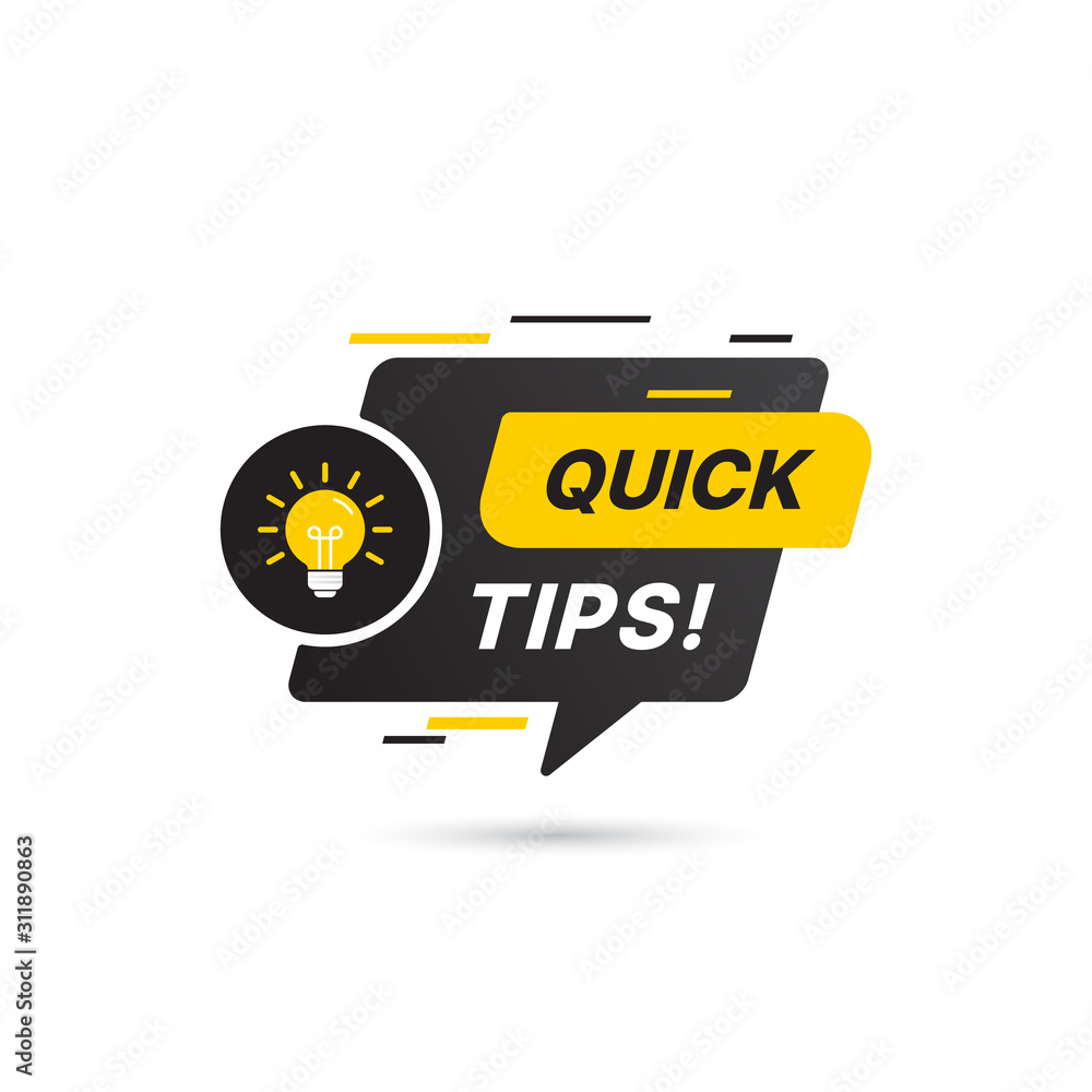 Poster quick tips, helpful tricks vector logo icon or symbol set with black and yellow color and lightbulb 