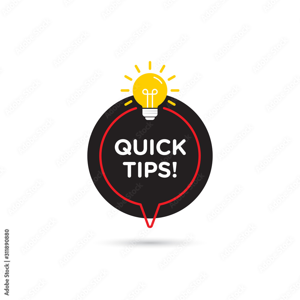 Poster quick tips, helpful tricks vector logo icon or symbol set with black and yellow color and lightbulb 