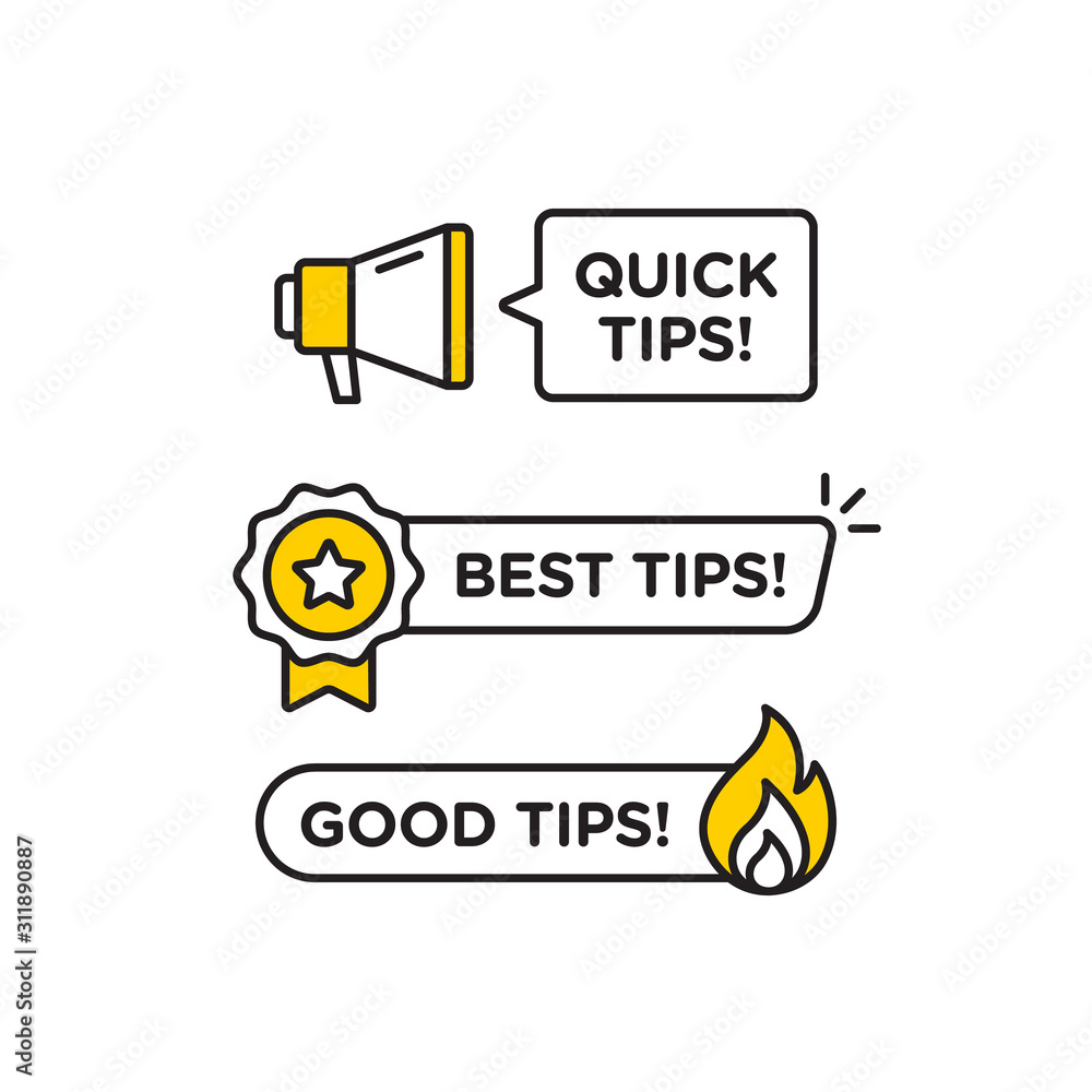 Poster quick tips, helpful tricks vector logo icon or symbol set with black and yellow color and lightbulb 
