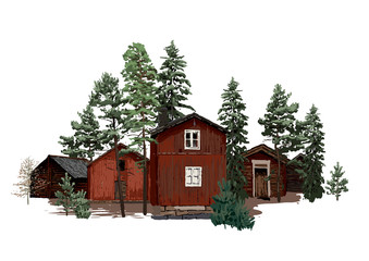 Old traditional scandinavian wooden houses, surrounded by coniferous trees.