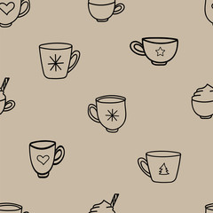 Coffee mugs seamless pattern in doodle,hand drawn style for wrapping paper, menus.