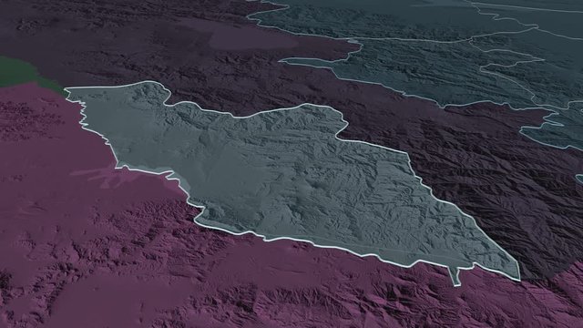 Nakhchivan, region with its capital, zoomed and extruded on the administrative map of Azerbaijan in the conformal Stereographic projection. Animation 3D