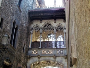 Pont del Bisbe or Puente del Obispo (Bishop) the mysterious and charming bridge in the Gotic in Barcelona build in the XX century full of impressive details