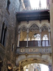 Pont del Bisbe or Puente del Obispo (Bishop) the mysterious and charming bridge in the Gotic in Barcelona build in the XX century full of impressive details