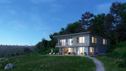 Fototapeta na wymiar Modern country house on a grassy hill with a forest background. 3d render.
