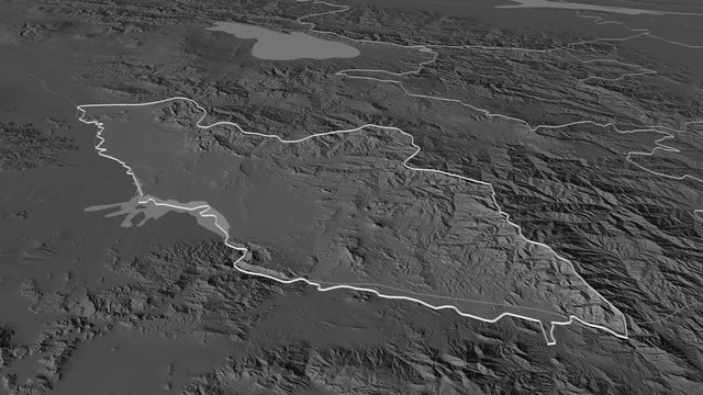 Nakhchivan, region with its capital, zoomed and extruded on the bilevel map of Azerbaijan in the conformal Stereographic projection. Animation 3D