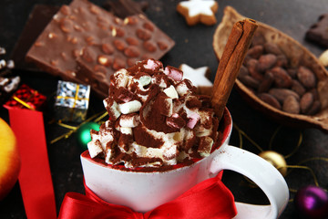 Hot chocolate cocoa with whipped cream for xmas on table