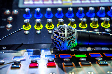 Sound and music industry background. Sound effects soundboard and microphone.