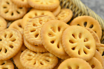 Collection delicious crackers on wooden, closeup