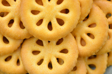 Collection delicious crackers on wooden, closeup