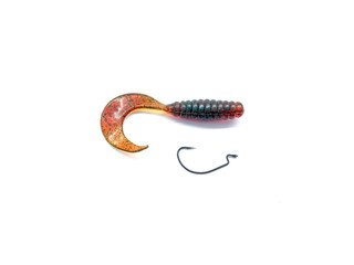 Twister fishing isolated on a white background. Set of bait, hook and weight. Fishing composition. Silicone bait for spinning. Silicone worm. 