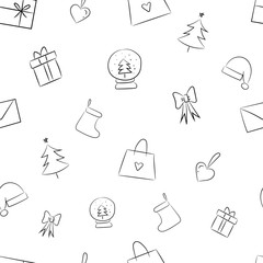 Christmas doodles seamless repeat pattern.Snow globe,Christmas tree,bow,shopping bag,stocking,present,hat hand drawn elements.