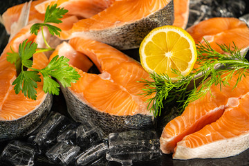 Salmon steaks on ice with lemon and herbs