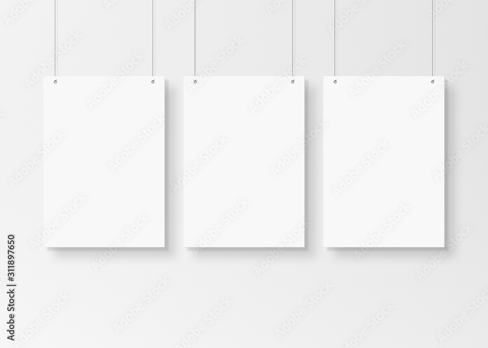 Aufkleber White poster isolated hanging by strings on wall mockup 3D rendering