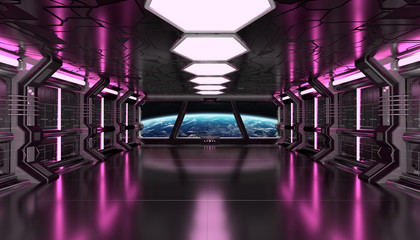 Dark pink spaceship futuristic interior with window view on planet Earth 3d rendering