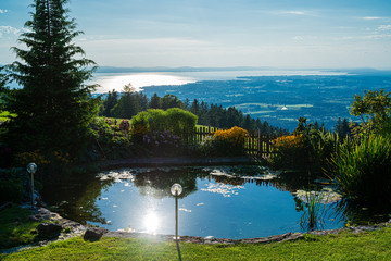 Gartentraum mit Teich, Blick von Gartenteich auf Bodensee im gleißenden, hellen Sommerlicht