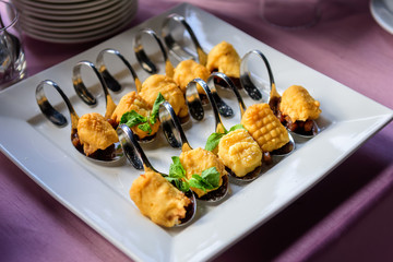 Festive starter plate with appetizers, close-up. Holiday snacks on small spoons. Banquet service.