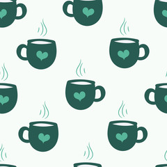 Hand drawn style hot chocolate, coffee, tea mug seamless repeating pattern for wrapping paper, fabrics, wallpapers.