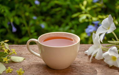 White cup of hot tea on wooden board .Afternoon teatime in the garden. Selective focus.