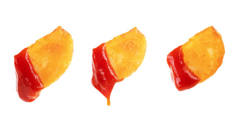 Set of french fries in sauce on a white plate