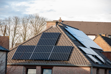 Solar panels on the roof of residential houses, Brussels, Belgium