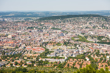 Panoramaof old downtown of Zurich city, with beautiful house at the bank of Limmat River, aerial view from the top of Mount Uetliberg