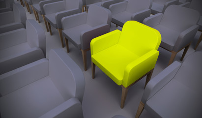 Concept or conceptual yellow armchair standing out in a  conference room as a metaphor for leadership, vision and strategy. A 3d illustration of individuality, creativity and achievement