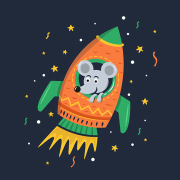 Cute mouse in a space rocket cartoon character. Vector illustration. Children textile.