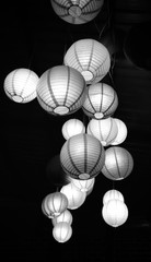 Fototapeta na wymiar Chinese paper ball lanterns hanging from the dark ceiling,black and white