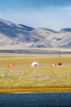 Camping on the lake. Three round houses. Chui Valley, Kosh-Agach District, Altai Republic, Russia