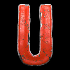 Capital letter U made of red painted metal isolated on black background. 3d