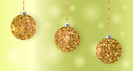 Three gold polygonal Christmas balls on a light background. Vector illustration.